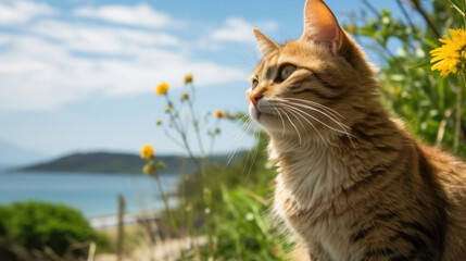cat in the garden. island view background. japan  asia mood. 
