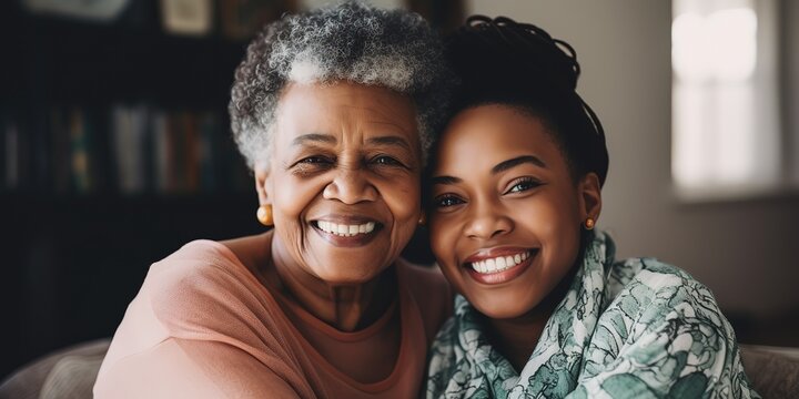 African daughter hugging her mom at home.