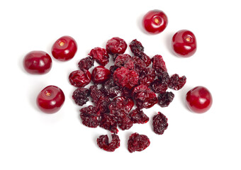 Dried cherry heap with ripe cherry. Isolated on white background