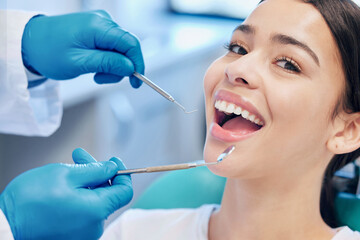 Dental tools, dentist and portrait of woman for teeth whitening, service and consultation....
