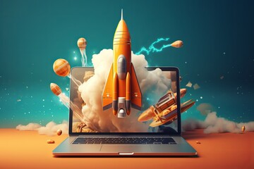 Digital illustration of laptop and space rocket shuttle launching with a cloud of smoke. Startup, success, creative idea, speed, technology concept