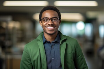 Obraz premium portrait of smiling black man in glasses in an office, generative artificial intelligence