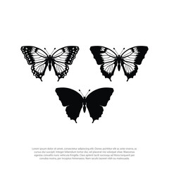 Silhouette of butterfly. Set of butterflies of different shapes. Monochrome vector illustration on white background.