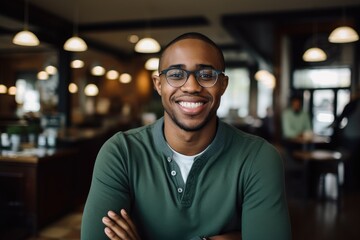 Obraz premium relaxed african american young man in a coffee shop, generative artificial intelligence
