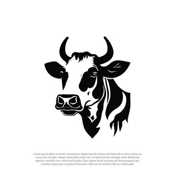 cow head. black and white vector image, with horn, for farm or milk logo. female bull,  Animal mascot logotype, illustration of a black silhouette of a cow. Isolated white background.