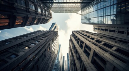 Looking directly up at the skyline of the financial district in central 