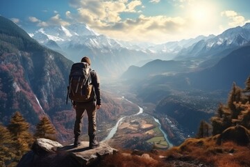 Fototapeta premium Young hiker with backpack in mountains