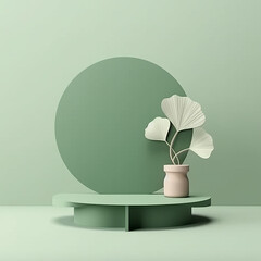Abstract empty podium with Ginkgo Biloba leaves and shadows on pastel green background. Mock up stand for product presentation. Minimal composition. Advertising template. Generative AI.
