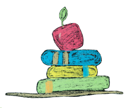 Back to class. Hand-painted drawing with chalk. Books and red apple on white background. - Powered by Adobe