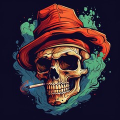 illustration of a skull wearing a hat for t-shirts and the like produced by ai