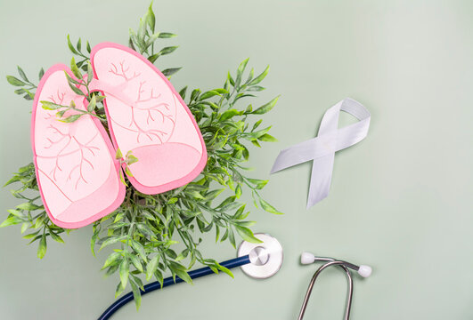 Healthy pink lungs over green foliage, white ribbon and stethoscope. World Tuberculosis Day, Pneumonia day or World Lung Day concept. Organ donation day. No tobacco or smoking kills background