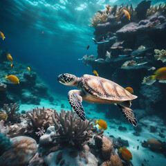 turtle in an underwater paradise, with colorful coral reefs, tropical fish and crystal clear blue waters.