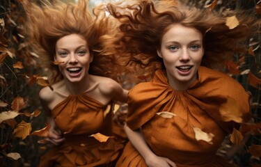 Obraz premium two women running through leaves in autumn , generative artificial intelligence