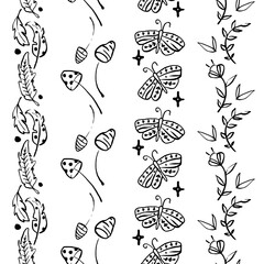 Hand Drawn Botanical Shapes Vector Seamless Vertical Borders Set