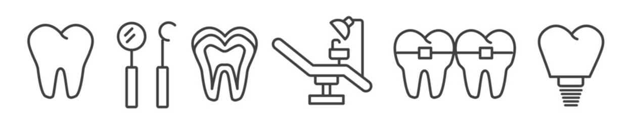 Obraz premium Dentist, tooth and dental health care thin line icons - vector illustration