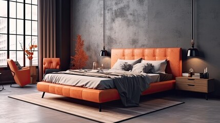 A stylish room interior big comfortable bed. Generative ai