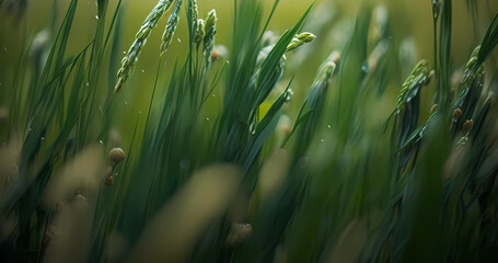 Raining background with green grass for natural banner