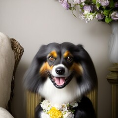 dog with flowers. generative ai.