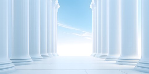 Beautiful airy widescreen minimalistic white and light blue architectural background banner with tilted columns