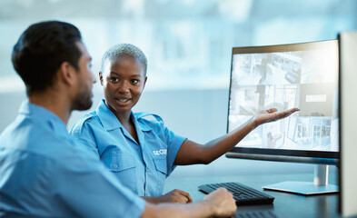 People, security and computer screen for surveillance, protection and safety of police officer in...
