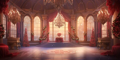 Christmas set of a fairytale ballroom in the king's castle background for theater stage scene - obrazy, fototapety, plakaty