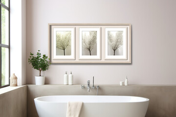 Fototapeta na wymiar Modern ceramic bathtub with towel near Mock up poster frame in room