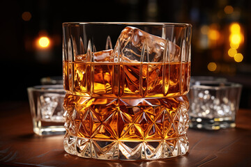 Whisky on the rocks in an elegant glass on a wooden table