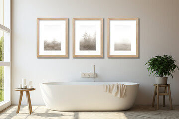 Fototapeta na wymiar Modern ceramic bathtub with towel near Mock up poster frame in room