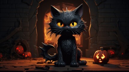 
Halloween black cat in front of a burning fireplace. Halloween concept.

