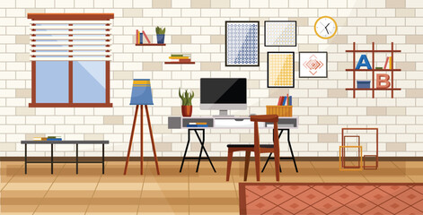 Home office. Interior vector illustration. Work from home. Furniture in office area selected for versatility and aesthetics Interior design of flat incorporates elements of tranquility and inspiration