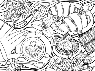Breakfast with a coffee latte, croissants, berries, and delicious bakery, Coloring book anti-stress for children and adults. 