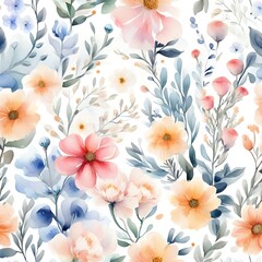 seamless pattern ,  light watercolor, outside of flower shop, bright, white background, few details, dreamy, watercolor, a bouquet of flowers, 