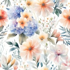 seamless pattern ,  light watercolor, outside of flower shop, bright, white background, few details, dreamy, watercolor, a bouquet of flowers, 