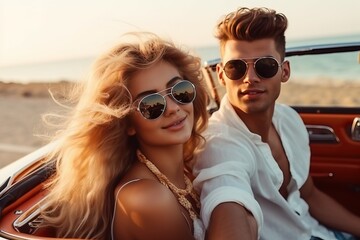 Young attractive couple posing in convertible luxury car - obrazy, fototapety, plakaty