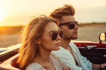 Young attractive couple posing in convertible luxury car - obrazy, fototapety, plakaty