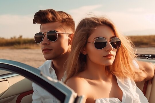 Young attractive couple posing in convertible luxury car