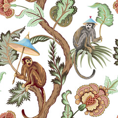 Chinese monkey with umbrella seamless pattern. Chinoiserie floral wallpaper.