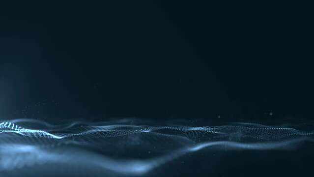 abstract futuristic wave background with particles, slow motion glowing particles on black background, seamless 4k loop animation
