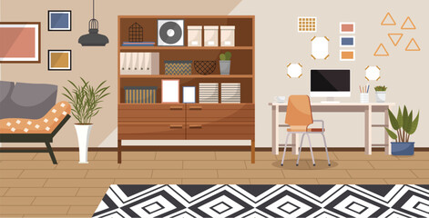 Home office. Interior vector illustration. Work from home. Flats interior design seamlessly integrates the home office Office space reflects a professional and functional environment Coming home after