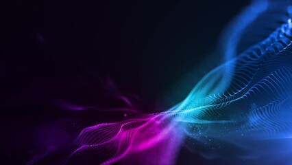 abstract futuristic technology wave background with particles, slow motion bright neon glowing particles on black background, seamless 4k loop animation