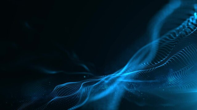 abstract futuristic technology wave background with particles, slow motion blue glowing particles on black background, seamless 4k loop animation