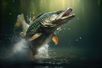 pike jumping out of water, ai generated - obrazy, fototapety, plakaty