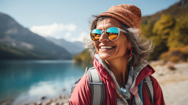 Smile Of Tourist. Senior Woman Looking Up To Tourist Attraction Moutains And Lake View Background.  