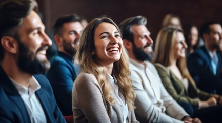 Group of men and women sitting and listening to a seminar.
