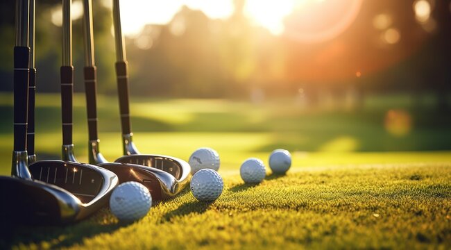 Golf balls on the golf course with golf clubs ready for golf in the first short.