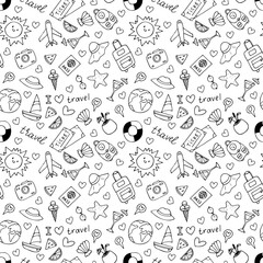 Hand drawn seamless pattern with travel icons. Summer vacation. Doodle, sketch. Traveling, holidays, relaxation