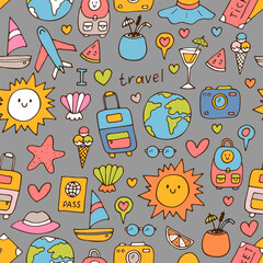 Hand drawn seamless pattern with travel icons. Summer vacation. Doodle, sketch. Traveling, holidays, relaxation