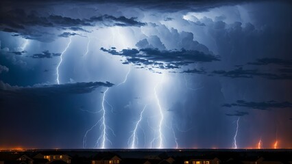 Photo of a dramatic lightning storm illuminating the night sky over a bustling city - obrazy, fototapety, plakaty
