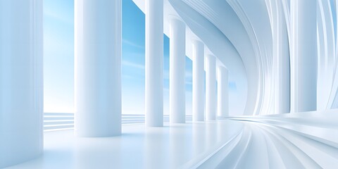 Beautiful airy widescreen minimalistic white and light blue architectural background banner with tilted columns