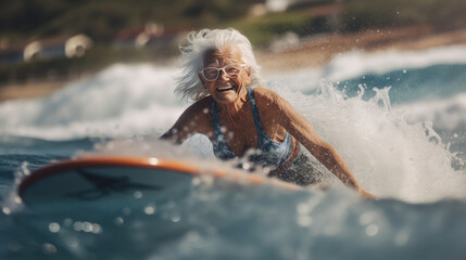 Elderly attractive woman with a happy expression on face surfing.